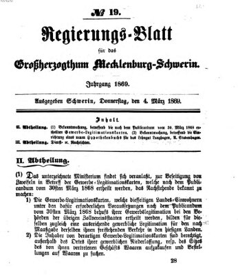 Regierungsblatt für Mecklenburg-Schwerin (Großherzoglich-Mecklenburg-Schwerinsches officielles Wochenblatt) Donnerstag 4. März 1869