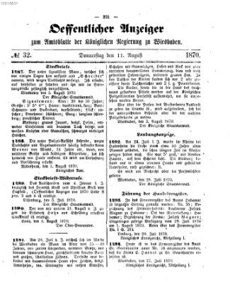 Amtsblatt der Regierung in Wiesbaden (Herzoglich-nassauisches allgemeines Intelligenzblatt) Donnerstag 11. August 1870