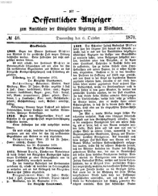 Amtsblatt der Regierung in Wiesbaden (Herzoglich-nassauisches allgemeines Intelligenzblatt) Donnerstag 6. Oktober 1870