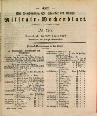 Militär-Wochenblatt Samstag 28. August 1830