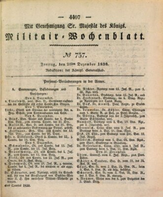 Militär-Wochenblatt Freitag 24. Dezember 1830