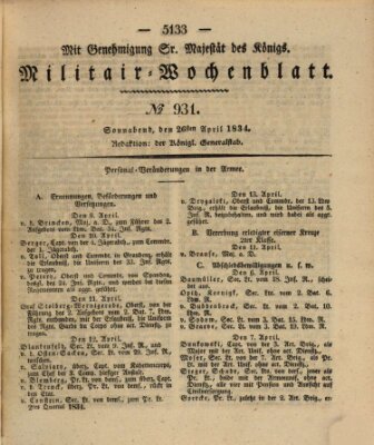 Militär-Wochenblatt Samstag 26. April 1834