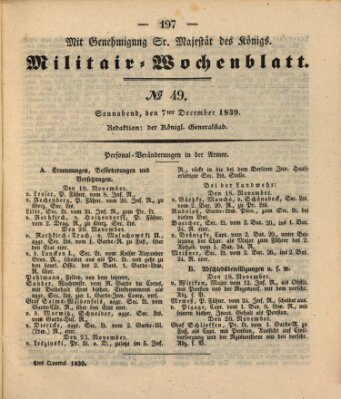 Militär-Wochenblatt Samstag 7. Dezember 1839