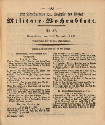 Militär-Wochenblatt Samstag 14. November 1840