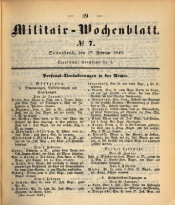 Militär-Wochenblatt Samstag 17. Februar 1849