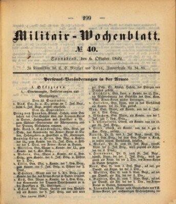 Militär-Wochenblatt Samstag 6. Oktober 1849