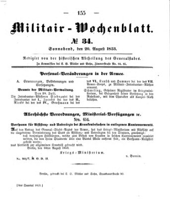 Militär-Wochenblatt Samstag 20. August 1853
