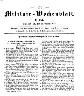 Militär-Wochenblatt Samstag 22. August 1857
