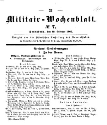 Militär-Wochenblatt Samstag 15. Februar 1862