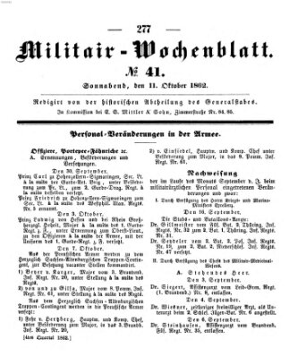 Militär-Wochenblatt Samstag 11. Oktober 1862