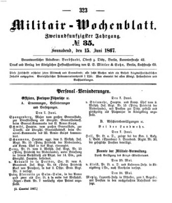 Militär-Wochenblatt Samstag 15. Juni 1867