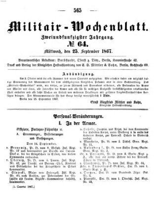 Militär-Wochenblatt Mittwoch 25. September 1867