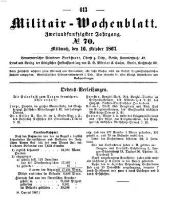 Militär-Wochenblatt Mittwoch 16. Oktober 1867