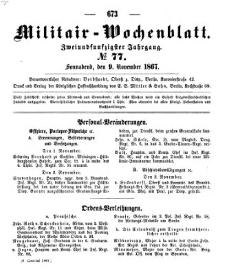 Militär-Wochenblatt Samstag 9. November 1867