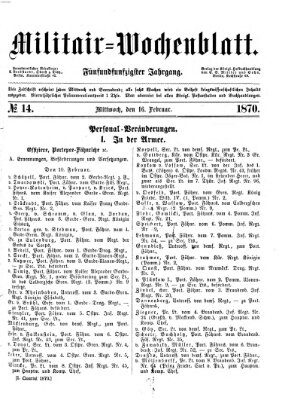 Militär-Wochenblatt Mittwoch 16. Februar 1870