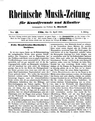 Rheinische Musik-Zeitung für Kunstfreunde und Künstler Samstag 12. April 1851