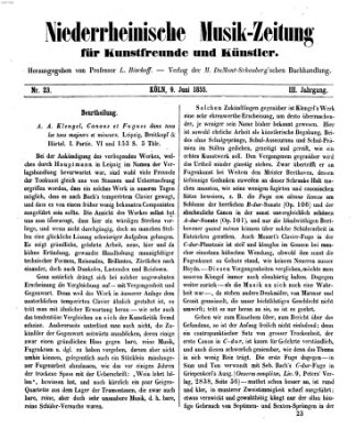 Niederrheinische Musik-Zeitung für Kunstfreunde und Künstler Samstag 9. Juni 1855