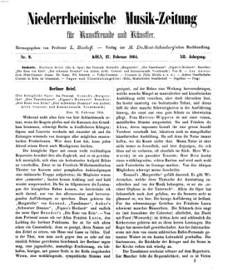 Niederrheinische Musik-Zeitung für Kunstfreunde und Künstler Samstag 27. Februar 1864