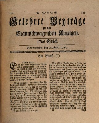 Braunschweigische Anzeigen Samstag 27. Februar 1762