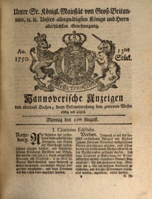 Hannoversche Anzeigen Montag 10. August 1750