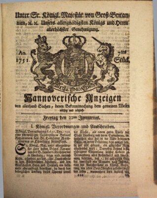 Hannoversche Anzeigen Freitag 22. Januar 1751