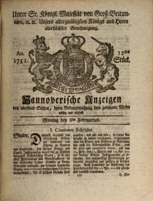 Hannoversche Anzeigen Montag 8. Februar 1751