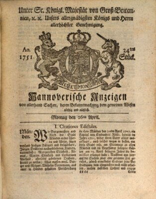 Hannoversche Anzeigen Montag 26. April 1751