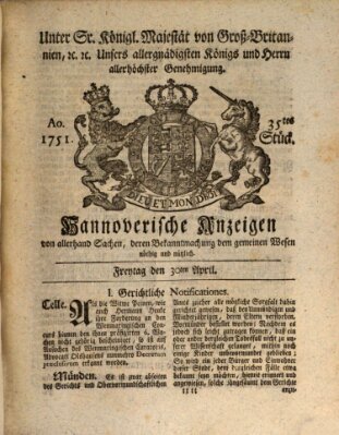 Hannoversche Anzeigen Freitag 30. April 1751