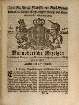 Hannoversche Anzeigen Freitag 11. Juni 1751