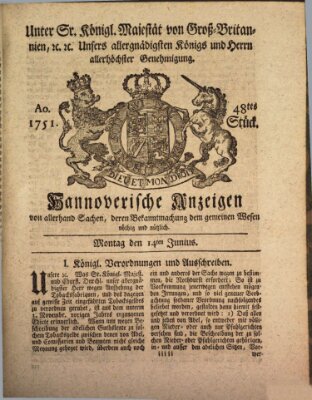 Hannoversche Anzeigen Montag 14. Juni 1751
