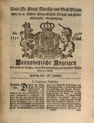 Hannoversche Anzeigen Freitag 18. Juni 1751