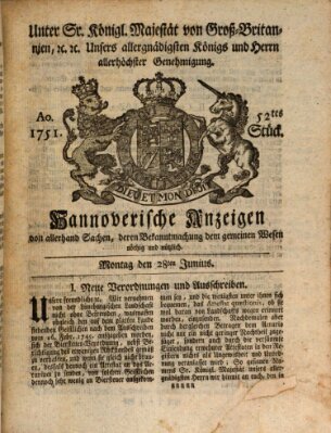 Hannoversche Anzeigen Montag 28. Juni 1751