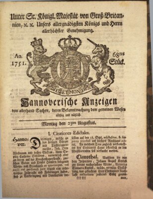Hannoversche Anzeigen Montag 23. August 1751