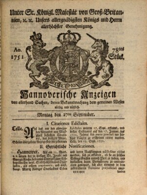 Hannoversche Anzeigen Montag 27. September 1751