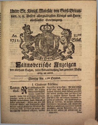 Hannoversche Anzeigen Montag 11. Oktober 1751