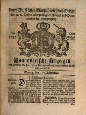 Hannoversche Anzeigen Montag 21. Februar 1752