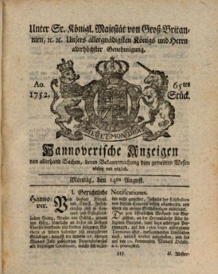 Hannoversche Anzeigen Montag 14. August 1752