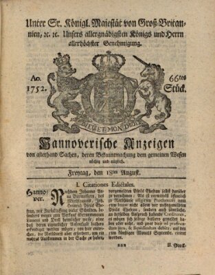 Hannoversche Anzeigen Freitag 18. August 1752