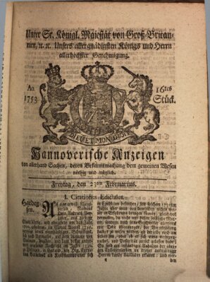 Hannoversche Anzeigen Freitag 23. Februar 1753