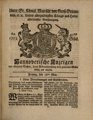 Hannoversche Anzeigen Freitag 18. Mai 1753