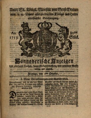 Hannoversche Anzeigen Freitag 5. Oktober 1753