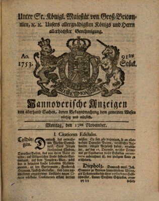 Hannoversche Anzeigen Montag 12. November 1753