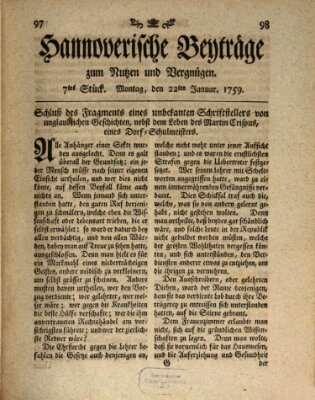 Hannoverische Beyträge zum Nutzen und Vergnügen (Hannoversche Anzeigen) Montag 22. Januar 1759