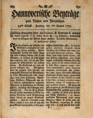 Hannoverische Beyträge zum Nutzen und Vergnügen (Hannoversche Anzeigen) Freitag 1. Juni 1759