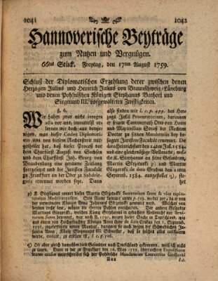 Hannoverische Beyträge zum Nutzen und Vergnügen (Hannoversche Anzeigen) Freitag 17. August 1759