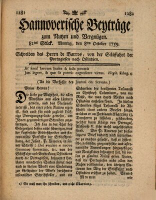 Hannoverische Beyträge zum Nutzen und Vergnügen (Hannoversche Anzeigen) Montag 8. Oktober 1759