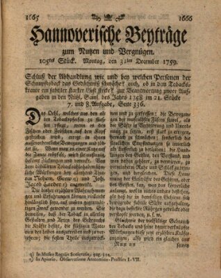 Hannoverische Beyträge zum Nutzen und Vergnügen (Hannoversche Anzeigen) Montag 31. Dezember 1759