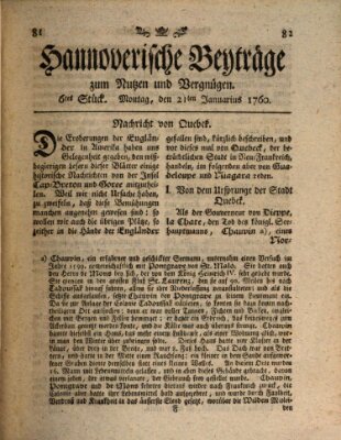 Hannoverische Beyträge zum Nutzen und Vergnügen (Hannoversche Anzeigen) Montag 21. Januar 1760