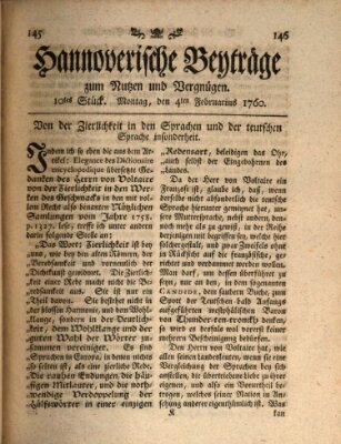 Hannoverische Beyträge zum Nutzen und Vergnügen (Hannoversche Anzeigen) Montag 4. Februar 1760