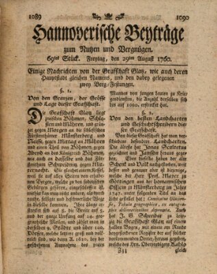 Hannoverische Beyträge zum Nutzen und Vergnügen (Hannoversche Anzeigen) Freitag 29. August 1760